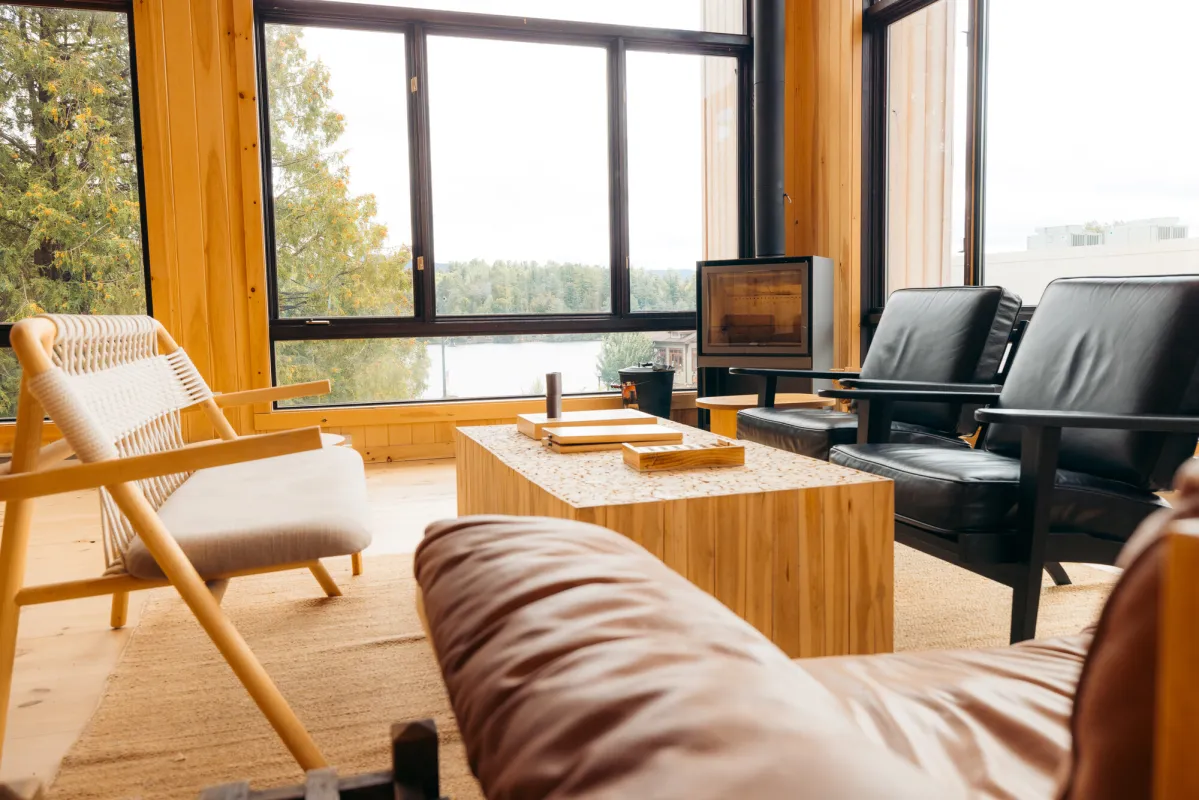 A living room in a lodge.